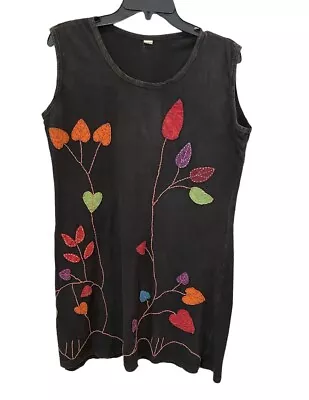 Tunic/Dress Tank Black Size XXL Made In Nepal Sewn On Flowers 100% Cotton • $25.99