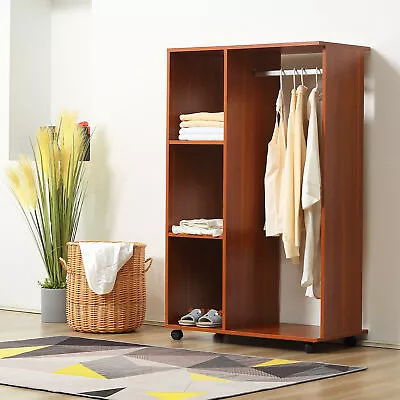 Open Wardrobe On Wheels With Rods And ShelvesClothes Shoes Organizer Rack • £54.99