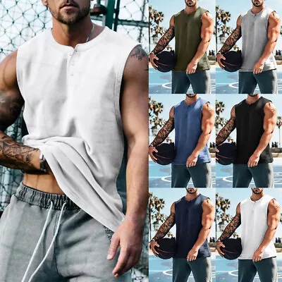 Mens Solid Vest Tank Tops Muscle Sport Gym Fitness Training Bodybuilding T Shirt • £5.89