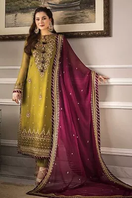 Pakistani Designer Embroidred Chiffon Suit Unstitched Shalwar Kameez With Lining • £30.99