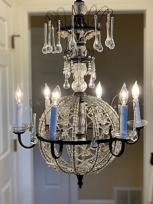 Vintage Italian Murano Drops Tole Clear Crystal Beaded French Sphere Chandelier • $1475