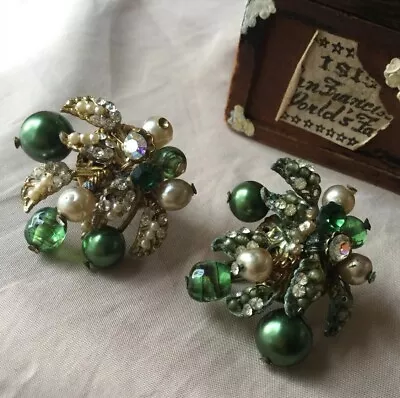 VTG Signed Vendome Clip On Earrings Green Poured Glass Pearls Rhinestones Patent • $5.50