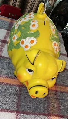 Vintage Universal Statuary Corp Piggy Bank Big Yellow Floral Pig Farm Handle 18  • $99.99