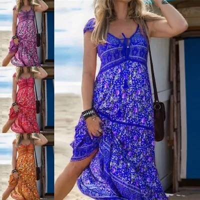$32.45 • Buy Womens V Neck Boho Floral Long Dress Ladies Summer Holiday Beach Swing Sundress
