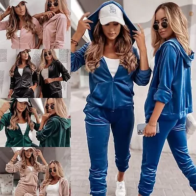 Womens Ladies Velour Tracksuit Velvet Hooded 2 Piece Set Urban Casual Glamour • £31.99