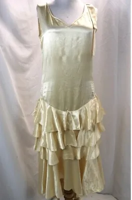 True Vintage Beige 1920s Satin Silk Drop Waist Ruffle Hem Flapper Dress Size M • $149.99