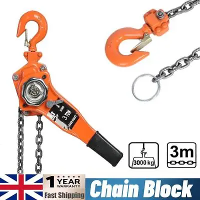 3 Ton Block And Tackle Chain Hoist Ratchet 3M Chain Lifting Pulley 3000KG Lift • £77.39