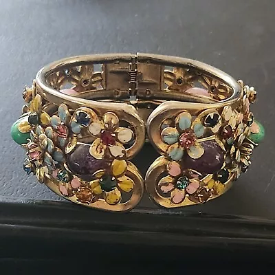 ENAMEL FLOWER Vintage Designer Clamper Bracelet Glass Rhinestone Cabochon 264 • $21.50
