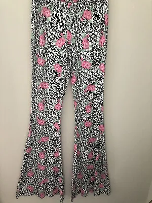 Vtg Three Bird Nest Pants Sz L Flare Stretch Elastic Waist Floral Leopard Hippie • $16.99