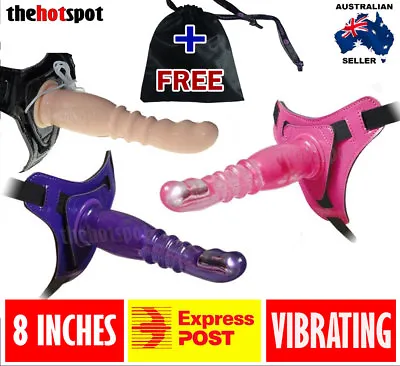 8 Inch Vibrating Strap On Dildo Sex Toy Ladies Lesbian Gay Couples Strapon Dong • $45.98