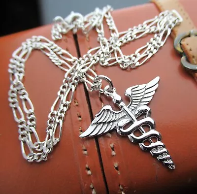 Sterling Silver Caduceus Pendant Drop Necklace 925 Doctor Nurse EMT RN Medical • $26.95