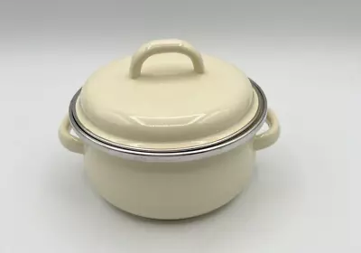 Megaware .5 Qt Mini Cooking Pots Cream Enamelware With Handles And Lid Vintage • $14.95