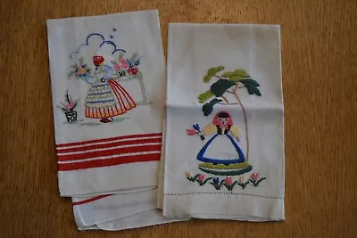 Vintage Embroidered Lady -2- Tea Towels Hand Embroidered Red Stripe • $17