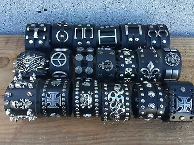 Men's Punk Rocker Biker Gothic Heavy Wide Leather Straps Wristband Cuff Bracelet • $9.49