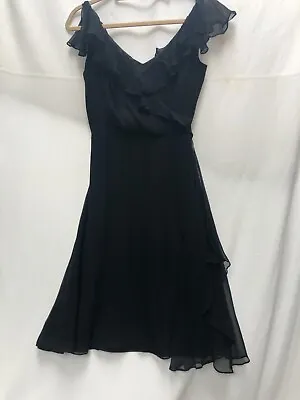 Milly Womens Dress Size 4 Black Silk Ruffle V-neck Belt Evening Party Fllowy • $45