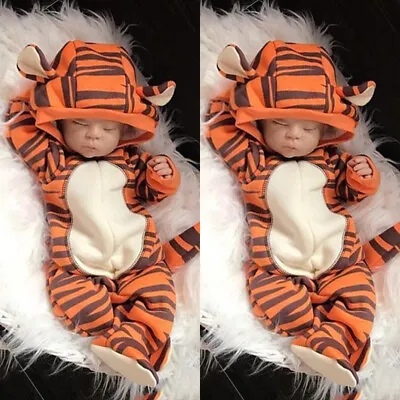 Newborn Baby Boy Girl Kids Tiger Hooded Romper Jumpsuit Bodysuit Clothes Outfits • £14.99