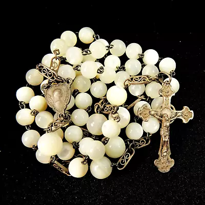 Vintage French Silver Rosary Round White Mother Of Pearl Beads Filigree Links • $78.75