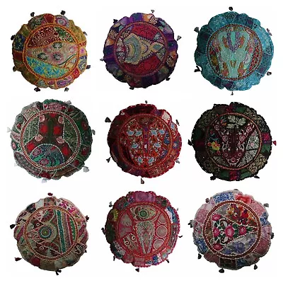 Indian Handmade Round Embroidered Patchwork Pillow Vintage Cushion Cover 45cm(D) • £15