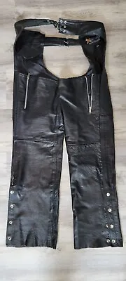 Vtg Mens Xelement Cut Off Snap Chaps Lined Leather Black Motorcycle Riding Sz 34 • $41.99