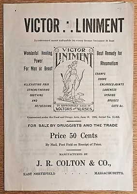 1906 J R Colton Victor Liniment Ad + Bottle Label.  Pain Relief With Laudanum • $8.65