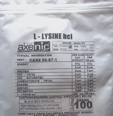 100 Grams L- Lysine 99.6%  Powder  CAS 657-27-2 • $13.11