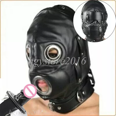 PU Leather Lockdown Hood Head Mask Harness Headgear Blindfold With Penis Gag SM • $39.99