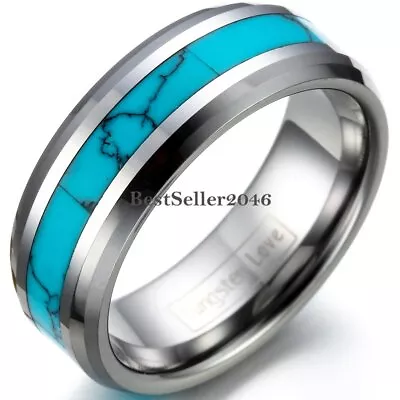 Men Women Turquoise Inlaid Tungsten Band Engagement Wedding Ring SIZE 4-16 Half+ • $14.99