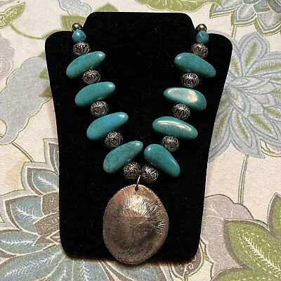 Vintage Chicos Chunky Funky Statement Faux Turquoise Silver Tone Beads • $22.95