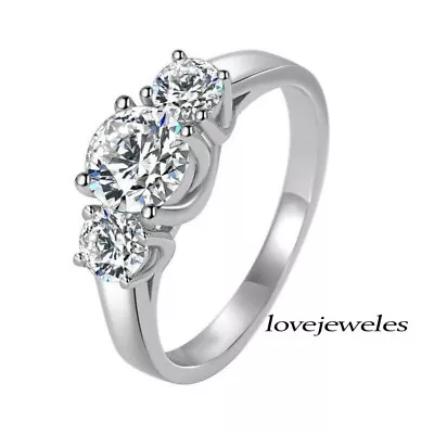 Round Cut 2.55CT Real Moissanite 3-Stone Engagement Wedding 925 Silver Ring Gift • $158.62