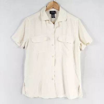 Vintage City Silk Shirt Blouse Womens Small Ivory Button Up Pockets Short Sleeve • $19.99