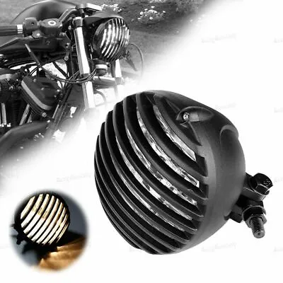 Black   Finned Grill Bulb Headlight Cafe Racer For Harley Bobber XS650 CB750 XL • $127.23