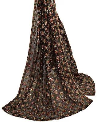 Sushila Vintage Black Dupatta Blend Chiffon Silk Phulkari Embroidered Long Stole • $29.99