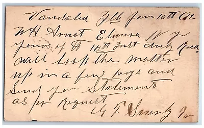 1892 Send Statement Vandalia Illinois IL Elmira NY Antique Postal Card • $19.97