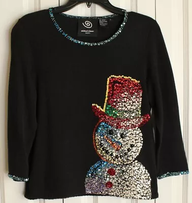 Womens Sz S Small Michael Simon Black Sequin Snowman Sweater • $99.50