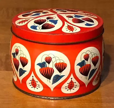 Old Vintage Round Tea Tin W/ Lid - Folk Art Floral Pattern In Red Blue And White • $16