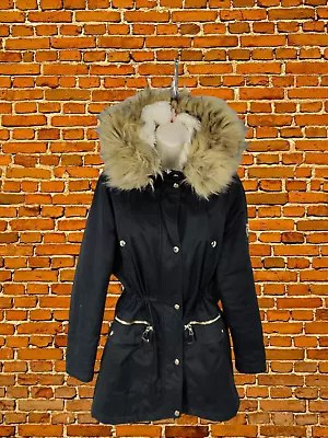 Womens Miss Selfridge Uk 14 Petite Black Faux Fur Hood Padded Parka Coat Jacket • £14.99