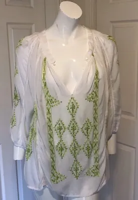 STUNNING Melissa Odabash Kaftan Top Blouse One Size Embroidered  White & Green • £29.99