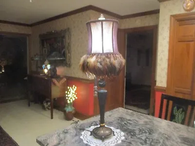 Vintage Tall Cast Metal Table Lamp With Feathered Beaded Fringe Shade • $68