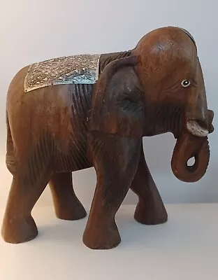 Vintage Hand Carved Wooden Elephant W/ Silver Toned Metal Plates Pressed On 9.5  • $32.99