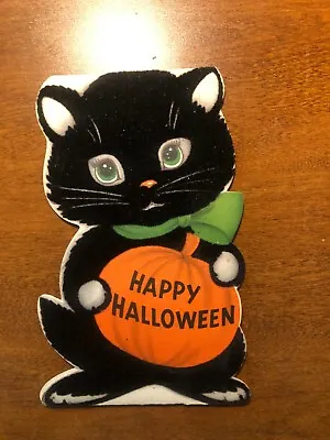 Vintage Norcross Halloween Flocked Cat Greeting Card Children Stand Up Card  • $26.94