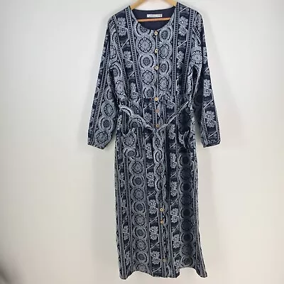 Lorraine Womens Dress Size 14 Maxi Navy Blue Geometric Long Sleeve Belt 078486 • $34.95