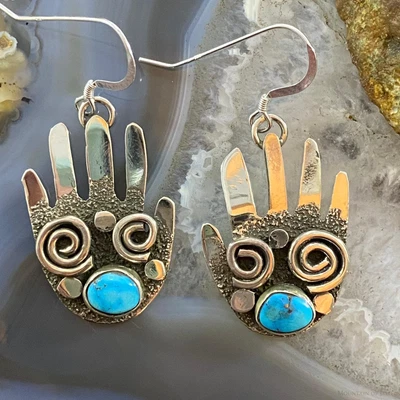 $245 • Buy Alex Sanchez Sterling Ancestors Hand Petroglyph W/Turquoise Dangle Earrings #3