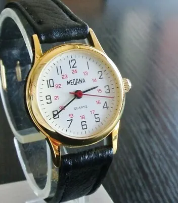Vintage Medana 24 Hr Military Dial Swiss Quartz Women's Gold Leather Watch *new* • $9.99