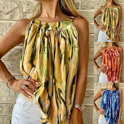 Summer Women Floral Pleated Tank Vest Halter Neck Cami Sleeveless Strappy Blouse • £11.59