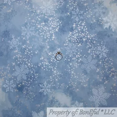 BonEful FABRIC FQ Cotton Quilt Blue White Star Snowflake Glitter Silver Metallic • $10.50