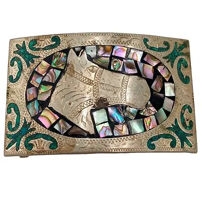 Horse Belt Buckle Turquoise Chip Abalone Shell Alpaca Mexico Western Wear Vintag • $74.99