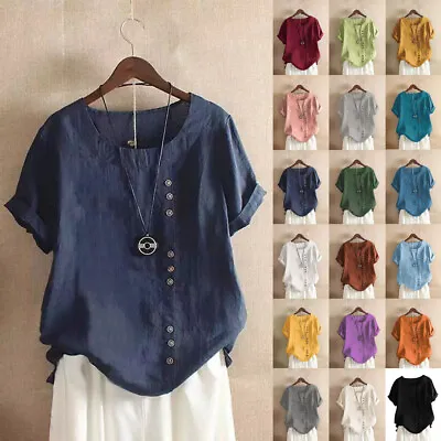 Summer Womens Cotton Linen Tunic Blouse Tops Ladies Short Sleeve Shirt Plus Size • £11.50