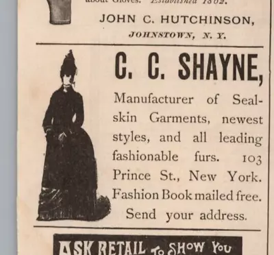 1880s C.C. Shayne Seal Skin Garments New York 2x2.5 Inch Vintage Advertisement • $5.80