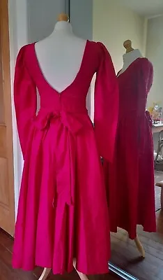 UK Made 80s Long Sleeve Silk Pink/Red Bow Hourglass Ballgown  10/S Backless  • £249