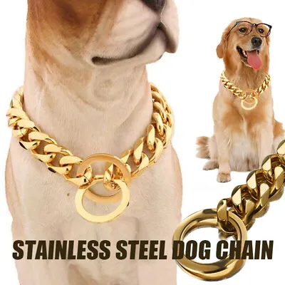 £19.51 • Buy Big Dog Gold Collar Stainless Steel Cuban Link Chain Strong Pet Collar Choker